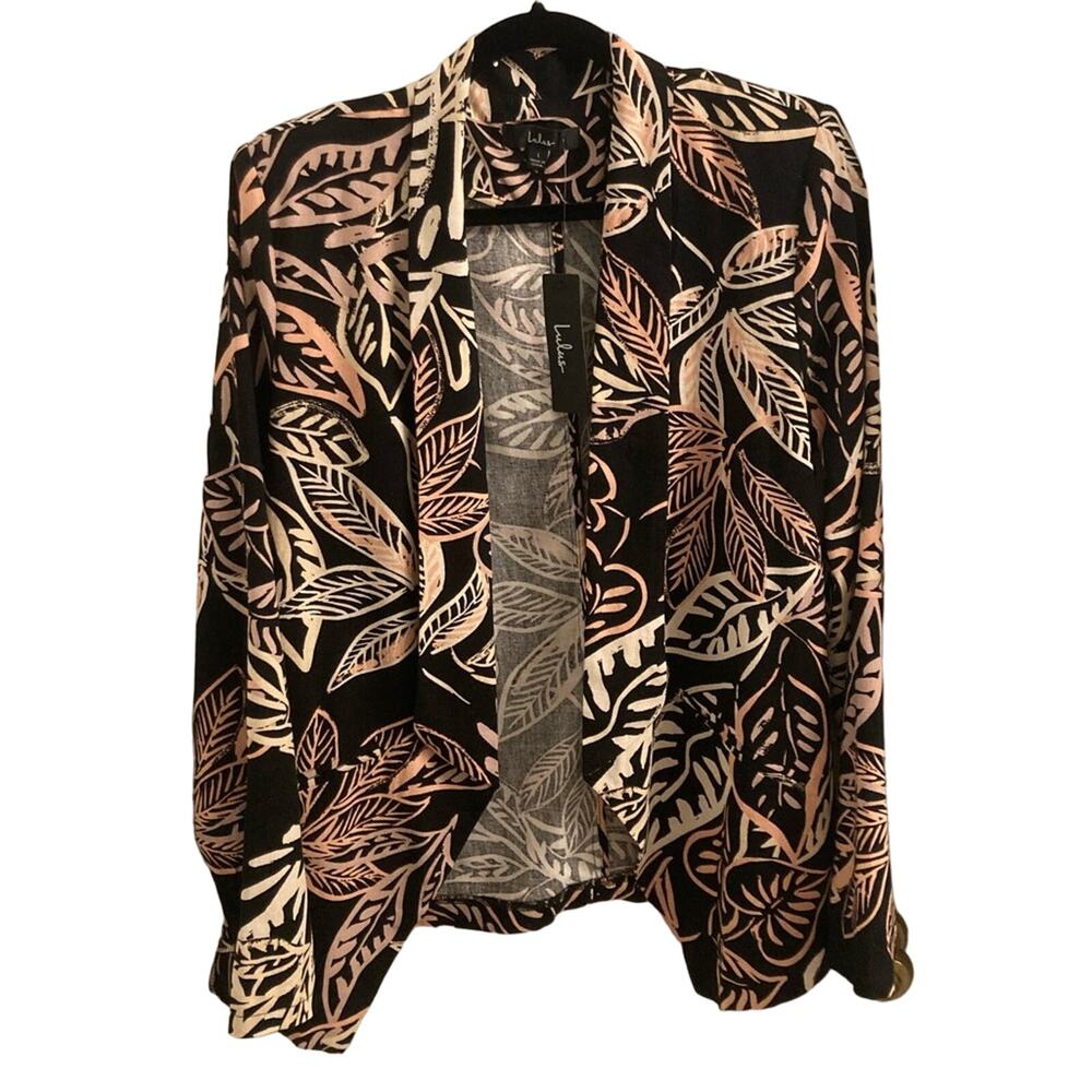NEW Lulu’s Linen Blend Black Leaf Print Open Front Blazer - Size L